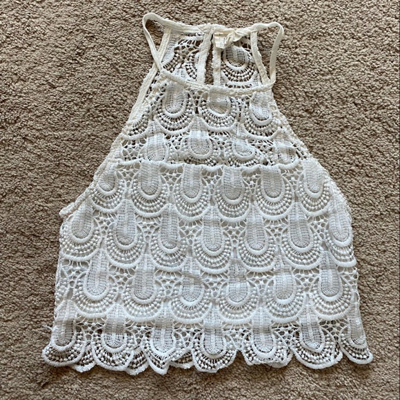 La Hearts Tops - L.A. Hearts White Crochet Halter Crop Top